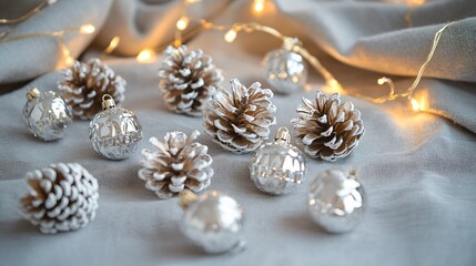 Miniature pinecones with silver bells, isolated on a light gray fabric, with decorative gold ribbon and a small string of fairy lights