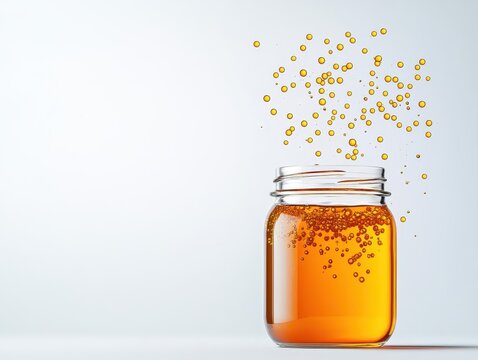 Fermentation of kombucha with artistic probiotic bacteria floating in the jar, beverages, probiotic drinks