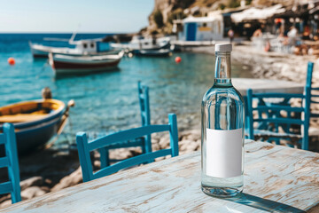 Bottle of Greek Ouzo with mock-up label served on an outdoor table near the beach
