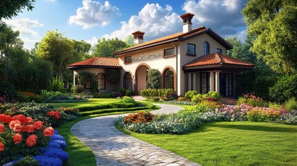 Obraz premium A detailed image of a beautiful house with a well-manicured garden, featuring colorful flowers and lush green lawns.