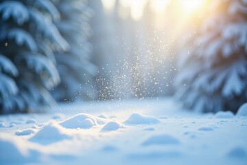 Serene winter landscape with snowfall and sunlight in a peaceful forest setting.