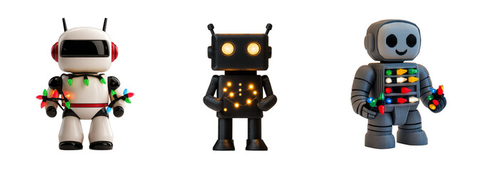 Fototapeta premium Set of three festive robots adorned with colorful Christmas lights isolated on a transparent background, representing holiday celebration and technology fusion