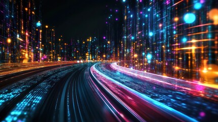 Obraz premium A vibrant, abstract representation of a futuristic digital landscape with glowing lights.