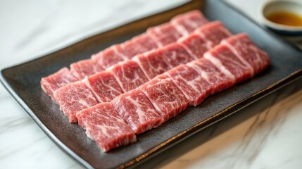 Fototapeta premium Wagyu beef sushi platter, featuring thin, marbled slices