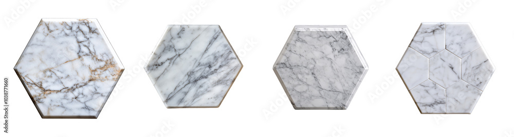 Poster set of four hexagonal marble tiles, featuring natural veining patterns, isolated on a transparent ba