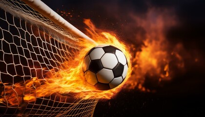 Fototapeta premium art Soccer ball on fire speed hitting the back of the net, symbolizing power