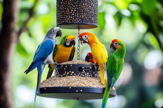 Exotic birds like parrots and parakeets enjoying a variety of seeds and grains in an intricate bird feeder.