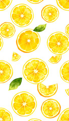 Watercolor handmade seamless pattern with yellow lemon fruit slices isolated with white highlights, png