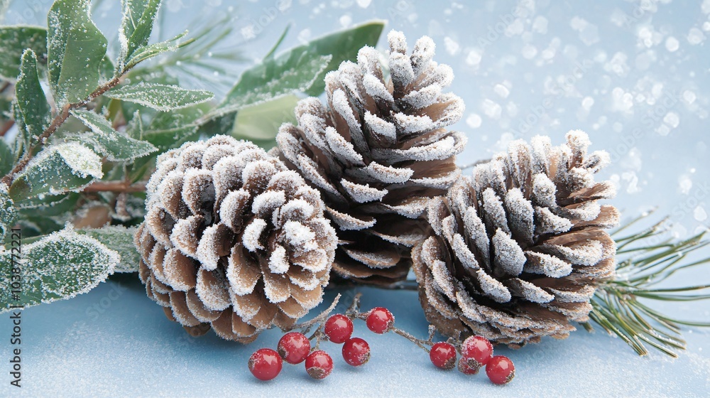 Wall mural snow-dusted pinecones, isolated on a light blue background, with frosted berries, evergreen leaves, 