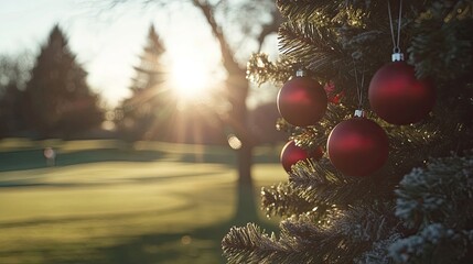 Christmas Celebration With a Tree and Decorations on a Golf Course Generative AI
