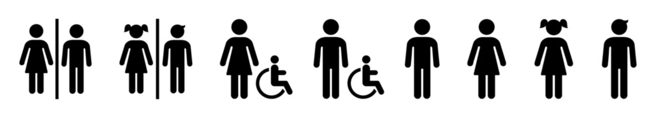 male or female, man and woman silhouette icon. Woman and man, girl and boy public toilet vector signs icons, female and male hygiene washrooms symbols. Vector illustration.