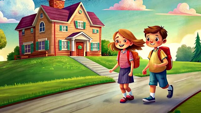 Students walking in serene rural landscape boy girl hills mountain house nature 2D vector cartoon  with house and mountain, video footage full HD 4K download