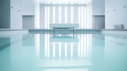 A swimming pool's diving block, outdoor setting with clear blue water, Contemporary style