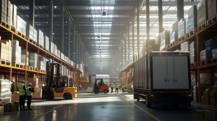 In a busy warehouse, workers unload pallets while a forklift lifts crates, showcasing efficient logistics.