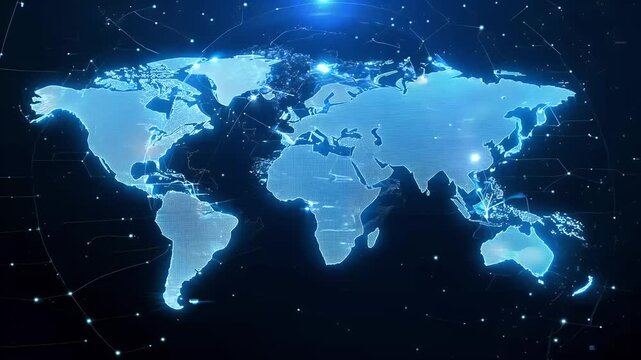 stunning 4K video featuring world map black background sparkling particles that rotate illuminate globe representing global connections