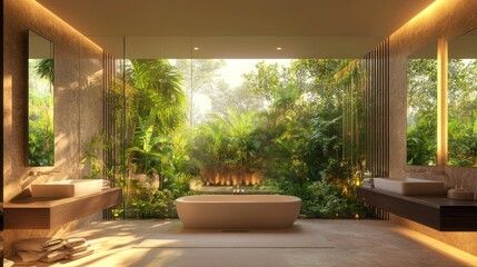 Fototapeta premium A serene bathroom with large windows showcasing a lush garden.