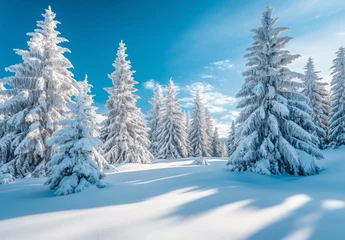 Fototapeten Beautiful winter landscape of a snowy pine forest on a bright sunny day © Myroslava