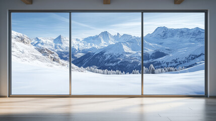 Modern panoramic windows overlooking a beautiful winter landscape with snow-capped mountains and forests