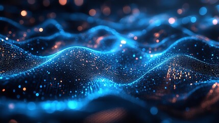 abstract background with blue glowing neon lines and bokeh lights. Data transfer concept. Digital wallpaper, AI Generative