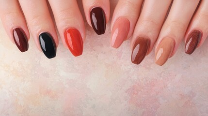 A stylish display of manicured nails featuring various shades, including deep reds, browns, and a striking black, showcasing a modern nail art trend.