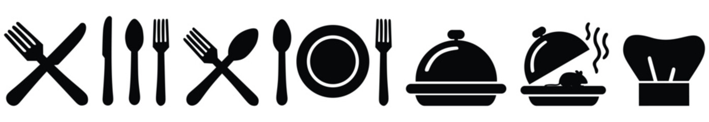 Fork, spoon, knife, plate, chef hat, and cloche or tray icon. Cutlery icon set in line and flat style. Dinnerware icon symbol. Restaurant sign and symbol. Vector illustration