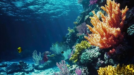Obraz premium Vibrant coral reef teeming with colorful marine life in clear blue waters, showcasing underwater biodiversity.