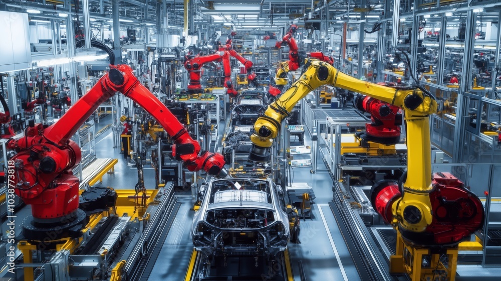 Aufkleber a bustling car factory features robots assembling parts, with engineers overseeing operations in a v