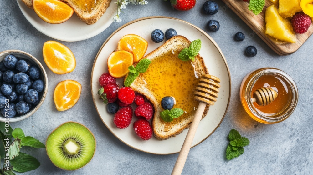 Poster fresh fruit breakfast spread with honey and toast