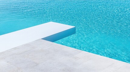 Obraz premium A swimming pool's diving board edge, outdoor setting with clear blue water, Contemporary style