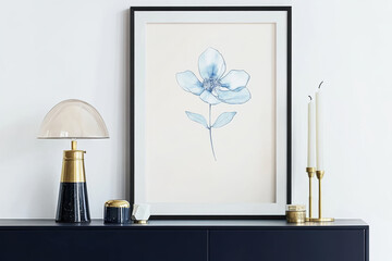 beautiful framed blue flower illustration adorns modern interior, complemented by stylish decor items like lamp and candles, creating serene atmosphere