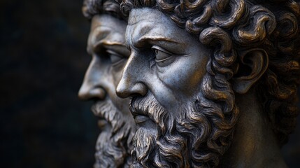 A detailed, lifelike statue of the Roman god Janus, with two faces looking in opposite directions, symbolizing duality and transitions.