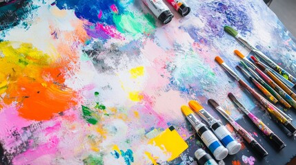 Fototapeta premium An artistic painting workshop with colorful canvases and varied brushes, Paint tubes organized in a creative studio space, Abstract expressionism art style