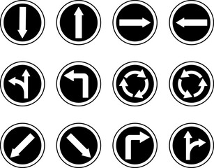 Black Road Traffic Arrows. Round Signs. Vector Icons. Back, Forward, Right and Left Arrows. Straight or Right, Straight or Left. Roundabout. Keep Left or Right