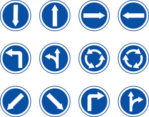 Blue Arrows Showing Traffic. Round Signs. Vector Icons. Back, Forward, Right and Left Arrows. Straight or Right, Straight or Left. Roundabout. Keep Left or Right