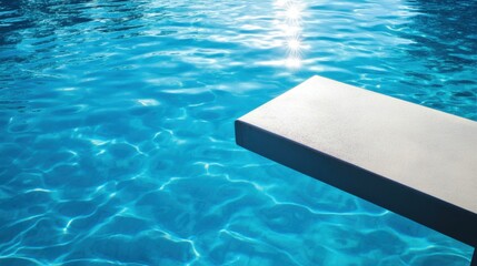 Obraz premium A swimming pool's diving board with clear blue sky reflected in water, outdoor setting with sunlight filtering through, Fresh style