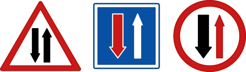 Red and Blue Two-Way Traffic Signs. Vector Icons. Two-Way Traffic Ahead. Give Way to Oncoming Traffic. Priority Over Oncoming Vehicle