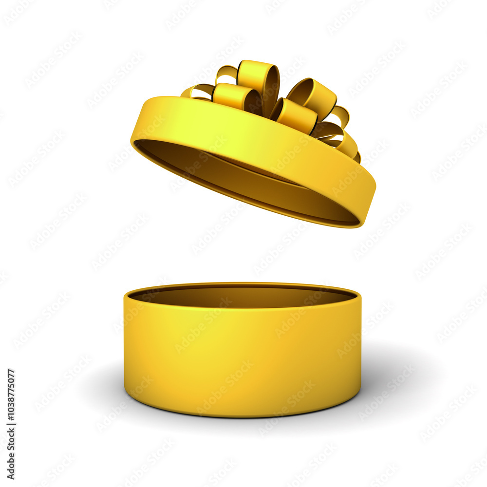 Aufkleber all gold round present box open with gold ribbon and bow lid or opening blank cylinder golden gift b