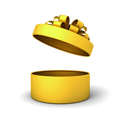 All gold round present box open with gold ribbon and bow lid or opening blank cylinder golden gift box isolated over white background with shadow creative idea concepts 3D rendering