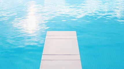 Obraz premium A swimming pool's diving board with clear blue sky reflected in water, outdoor setting with sunlight filtering through, Fresh style