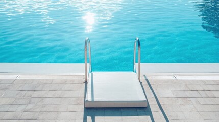 A swimming pool's diving board with clear blue sky reflected in water, outdoor setting with sunlight, Fresh style