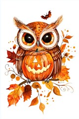 Naklejka premium Owl with a pumpkin mask flat design side view Halloween theme watercolor Complementary Color Scheme
