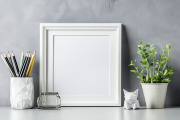 minimalist workspace featuring blank picture frame, geometric pencil holder filled with pencils, small glass jar, and potted plants, creating serene and organized atmosphere