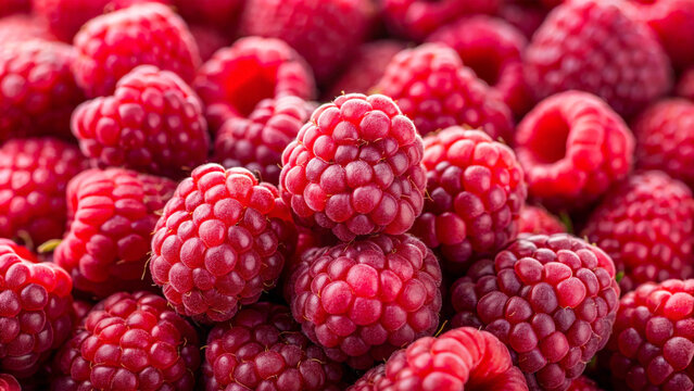Close-up of fresh, vibrant red raspberries in a pile, showcasing their juicy texture and detail