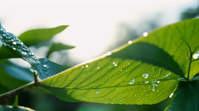 serene 4K video fresh green leaf branch adorned white flowers garden glistening raindrops representing beauty nature refreshing rain water dripped background plant tree texture t flora