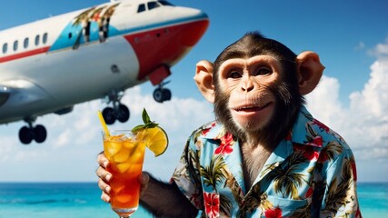 Fototapeta premium Monkey drinks tropical cocktail on the beach, airplane in the sky. Time to travel, discounts on air tickets, hotel search