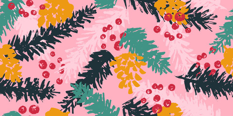Fototapeta premium Seamless pattern with hand drawn winter plants. Holiday, Christmas, New year endless background.
