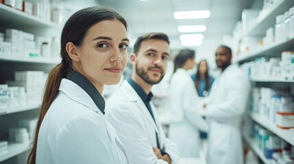 Fototapeta premium A group of medical professionals stand in a pharmacy