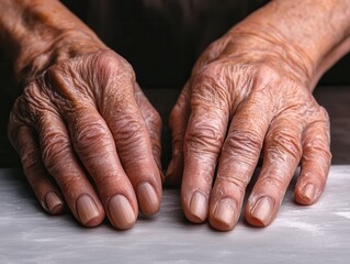 Fototapeta premium A close-up of aged hands resting on a surface, showcasing texture, lines, and a sense of history.