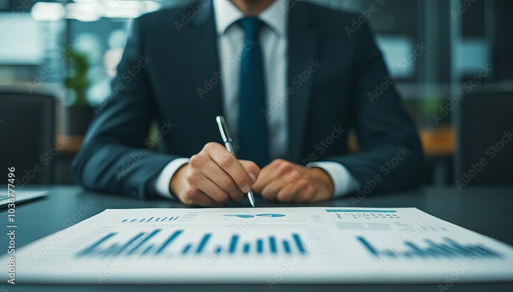 Wall mural businessman analyzing financial charts and graphs in office setting, working with data for company g