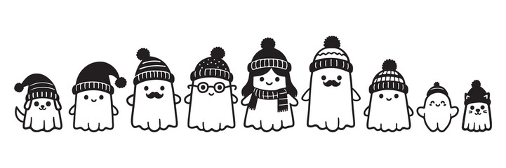 Cute ghost family characters wearing winter hats and scarves. Two pets, cat and dog. Simple black and white festive vector illustration with winter accessories